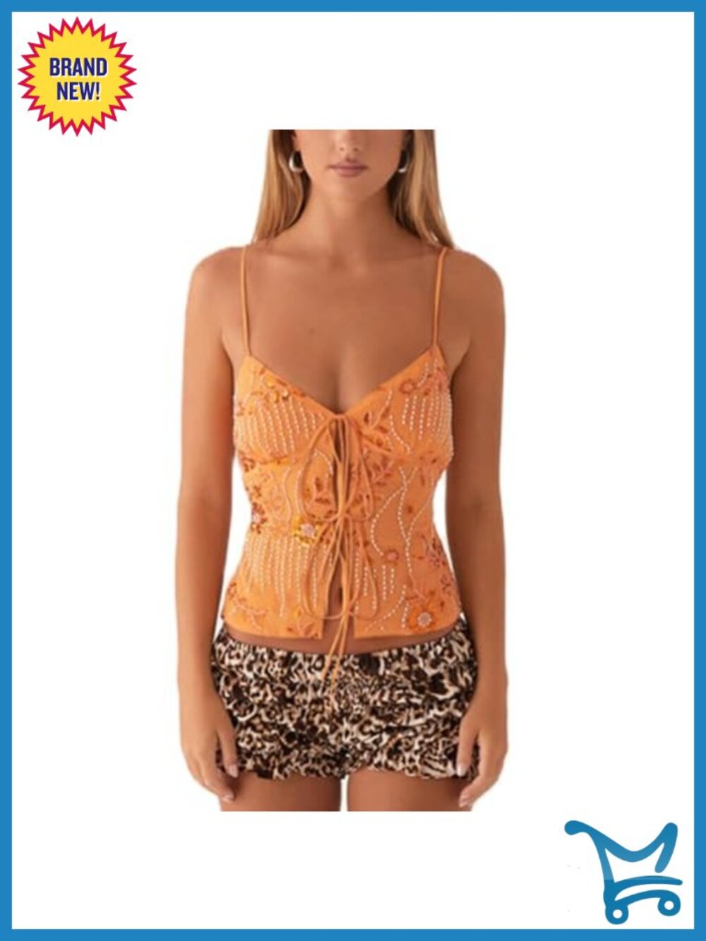 Sequin Cami Crop Top Lace Up Tie Front V-Neck Sleeveless Sparkle Party